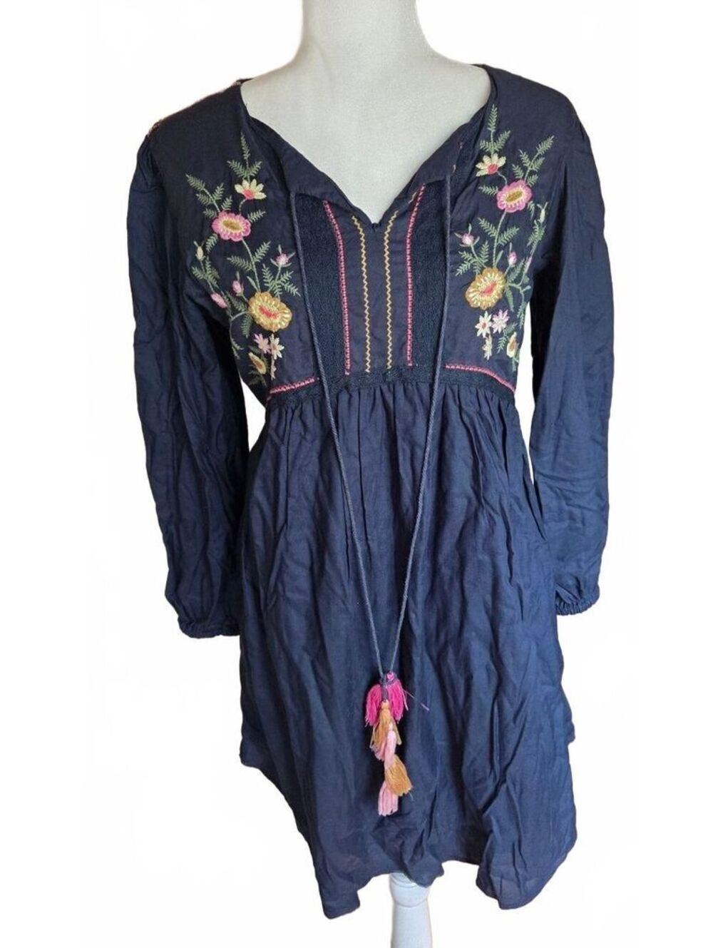 Angie Boho Navy Embroidered Floral Peasant Tunic Dress Long Sleeve S